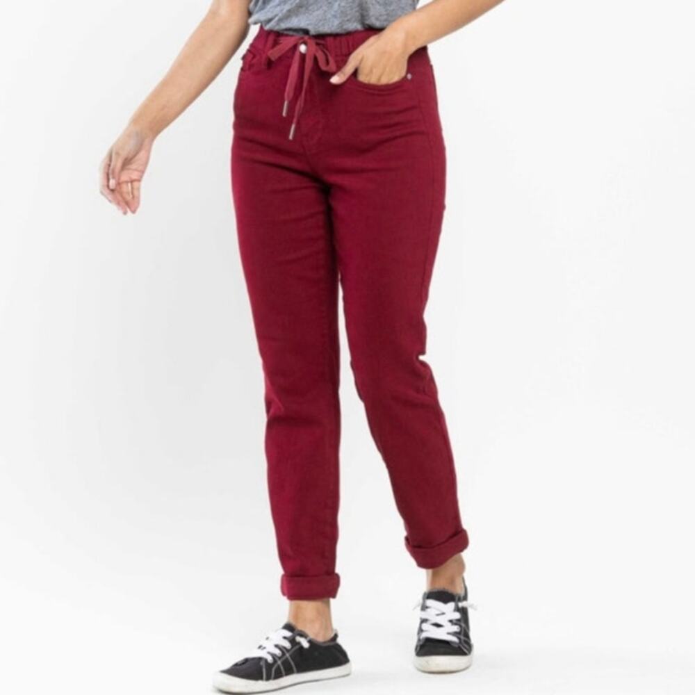Judy Blue 7/28 high waist Scarlett joggers Stretch denim red tie waist casual